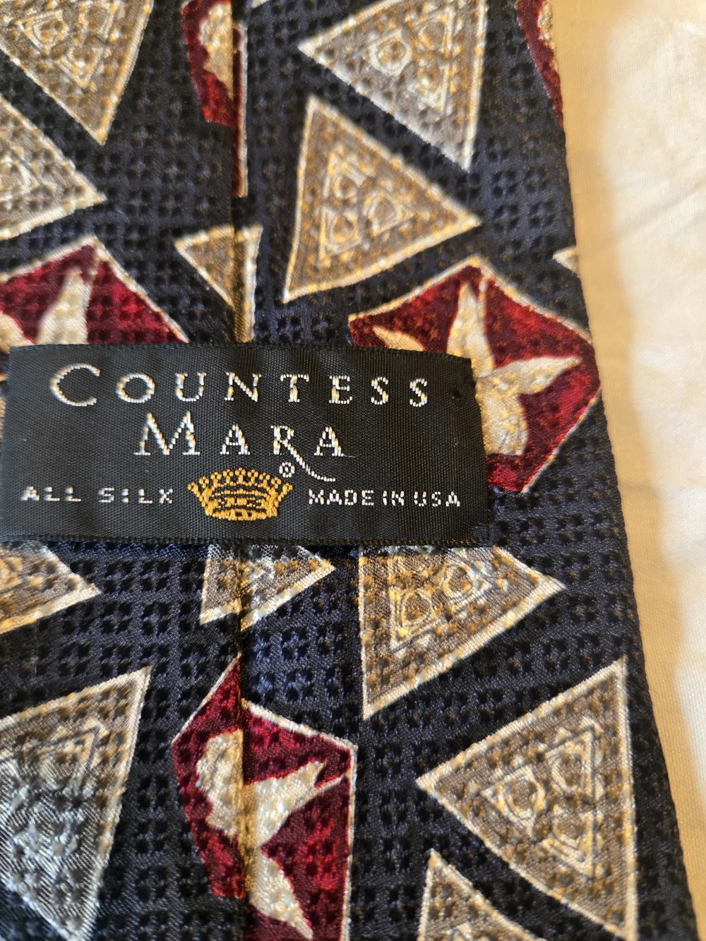 Countess Mara 100% Silk Tie Navy Burgundy Gold Geometric Floral 57